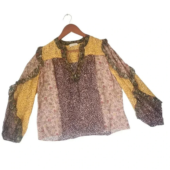 Ulla Johnson Norma Blouse Women's Multicolor Sheer Floral Patchwork Ruffle Boho - Picture 3 of 11